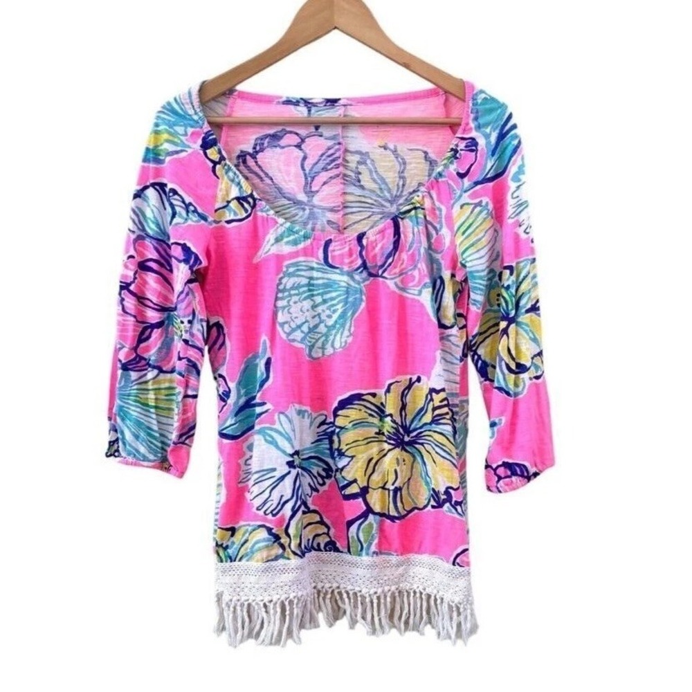 Lilly Pulitzer Alia Tunic Top Womens S Pink Fringe Boho Resort Preppy Beach